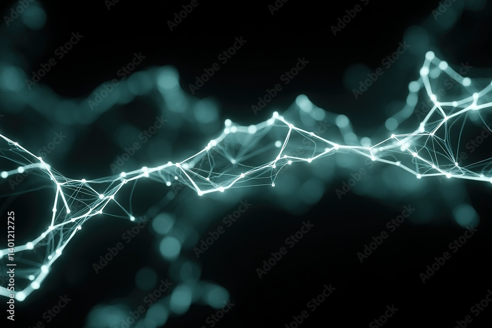 Poster modern digital network representation illustrating connected nodes and lines in a dark space with gl