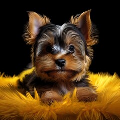 Naklejka premium Yorkshire Terrier auf gelben Teppich, schwarzer Hintergrund