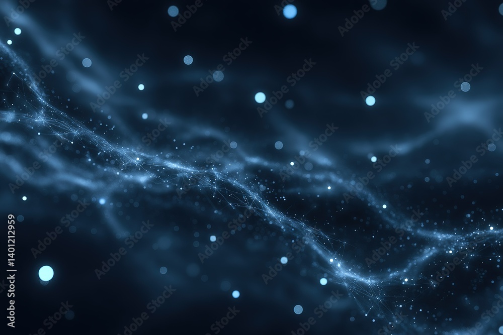 Poster abstract patterns of light with glowing particles in a deep blue background representing cosmic them