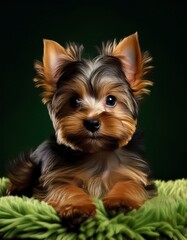 Naklejka premium Yorkshire Terrier Welpe auf grünem Teppich, schwarzer Hintergrund