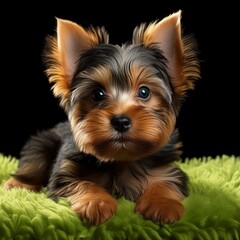 Fototapeta premium Yorkshire Terrier Welpe auf grünem Teppich, schwarzer Hintergrund