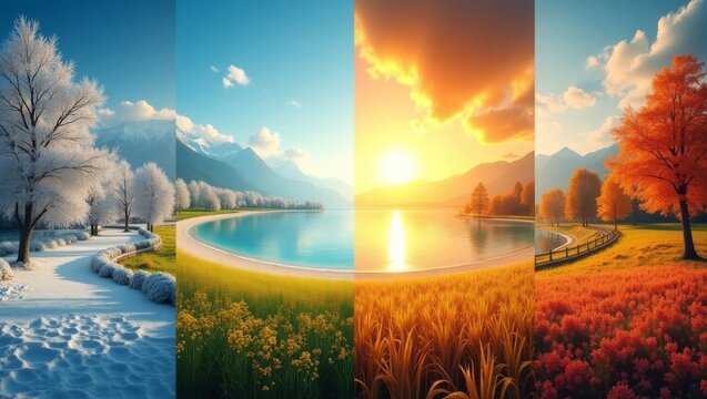 sunrise over the river, all seasons in one image, 