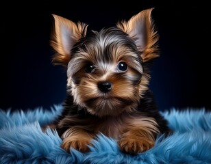 Naklejka premium Yorshire Terrier auf blauem Teppich, schwarzer Hintergrund
