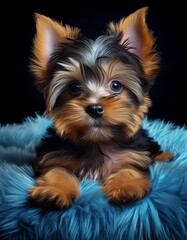 Fototapeta premium Yorshire Terrier auf blauem Teppich, schwarzer Hintergrund