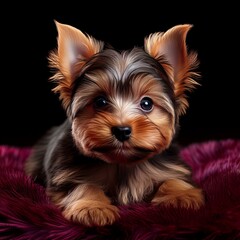 Fototapeta premium Yorkshire Terrier Welpe auf rotem Teppich, schwarzer Hintergrund