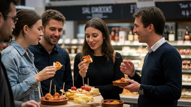 Group of friends sampling appetizers and chatting in a gourmet food market or deli, enjoying culinary discoveries, representing socializing around food or gastronomy tourism experience