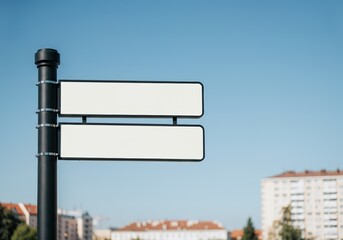 Blank street signpost against clear blue sky with urban background