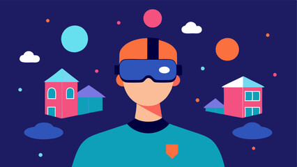 Headset Demo A person wearing a virtual reality headset with a serene expression surrounded by floating graphics of houses and apartments in the background.