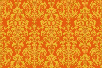 An ornate damask pattern in burnt orange and gold.