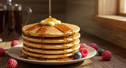 Stack of pancakes with butter and syrup next to berries and drink.