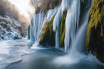 Frozen waterfall cascading over mossy rocks in a snowy winter landscape.