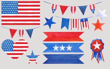 Obraz premium Independence Day collection. Watercolor illustration on white background, national symbols, top hat, balloons, bow, star, American flag