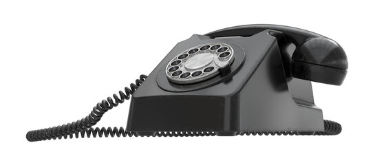 Vintage black rotary dial telephone with a coiled cord, isolated on a transparent background. Classic retro communication device from the mid-20th century, symbolizing old-fashioned technology.