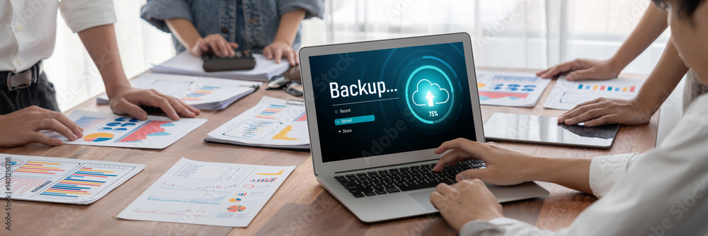 Poster Backup Storage Data Internet Technology Business concept. Database storage cloud technology file data transfer sharing, cyber, big data information, internet banking application download upload brisk