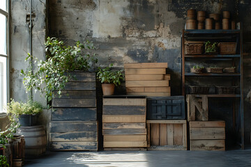 Stack of textured wooden planks in a rustic industrial storage setup