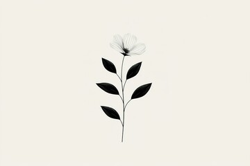 Elegant black and white flower illustration with delicate petals and leaves on a soft background