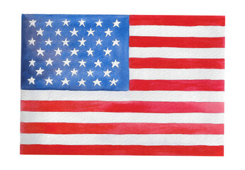 Obraz premium The USA flag watercolor illustration. Hand painted American flag with stars and stripes. Happy 4th of July. Independence Day patriotic design for holiday print, t shirt, card isolated on white