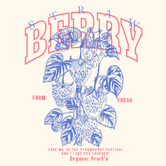 Fruit vintage t-shirt design. Strawberry Lovers Shirt, Retro Strawberry T-Shirt, Black & white Strawberry Tee, fruit print. vector, illustration. Strawberry flat vector illustration.