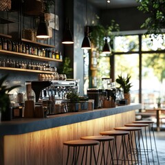 Fototapeta premium Modern cafe with dark, warm interior, wooden bar, and bar stools. Natural light streams in through large windows. Plants and hanging lighting add to the ambiance