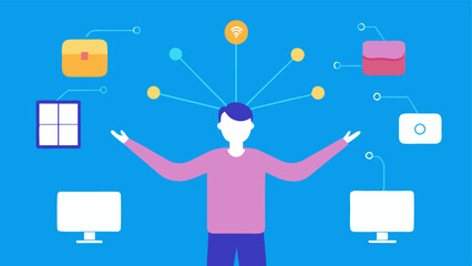 Neural Gesture Interaction A user stands with their arms raised fingers spread wide. Above them neural signals are depicted as bright trails connecting to various devices like