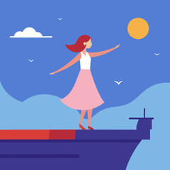 Vector art illustration of a girl standing on the front of a ship