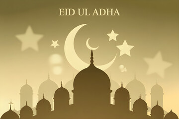 Elegant Eid Ul Adha Celebration With Mosque Silhouette Crescent Moon And Stars