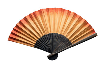 Elegant Japanese hand fan warm orange hues black handle isolated on black on transparent background