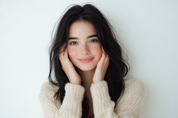 Woman with long black hair in white sweater staring contemplatively at the sunset by the beach, waves crashing gently behind her.
