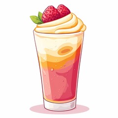 Refreshing Strawberry Milkshake with Whipped Cream and Fruit Toppings - Delicious Summer Dessert Drink in a Glass