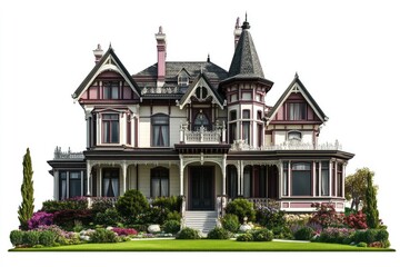 Fototapeta premium A grand Victorian mansion with intricate details, surrounded by a lush garden.