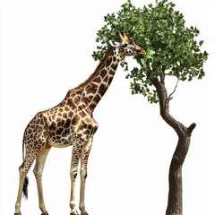 Obraz premium Majestic Giraffe Reaching for Leaves on a Tree in a Plain Background, Highlighting Nature's Beauty and Wildlife Majesty