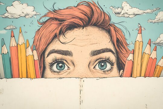 artist peeking over pencils