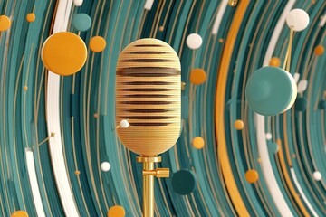Unique microphone design with vibrant 3D background featuring colorful geometric shapes in contemporary setting