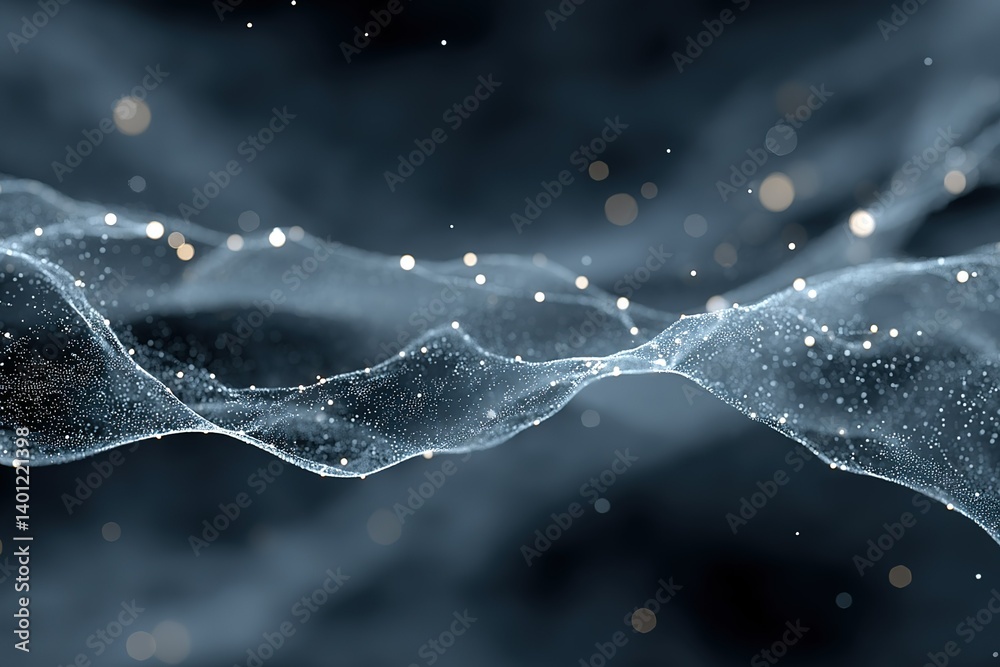 Poster abstract representation of a glowing fluid wave with floating particles in a dark background