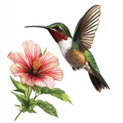 Fototapeta premium Colorful hummingbird hovering near vibrant pink flower against a clean white background, showcasing nature's beauty and detail.
