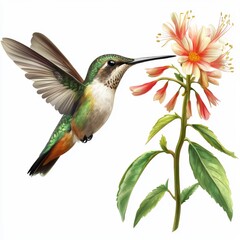 Fototapeta premium Colorful hummingbird feeding on vibrant flower, showcasing delicate wings and intricate floral details in nature setting