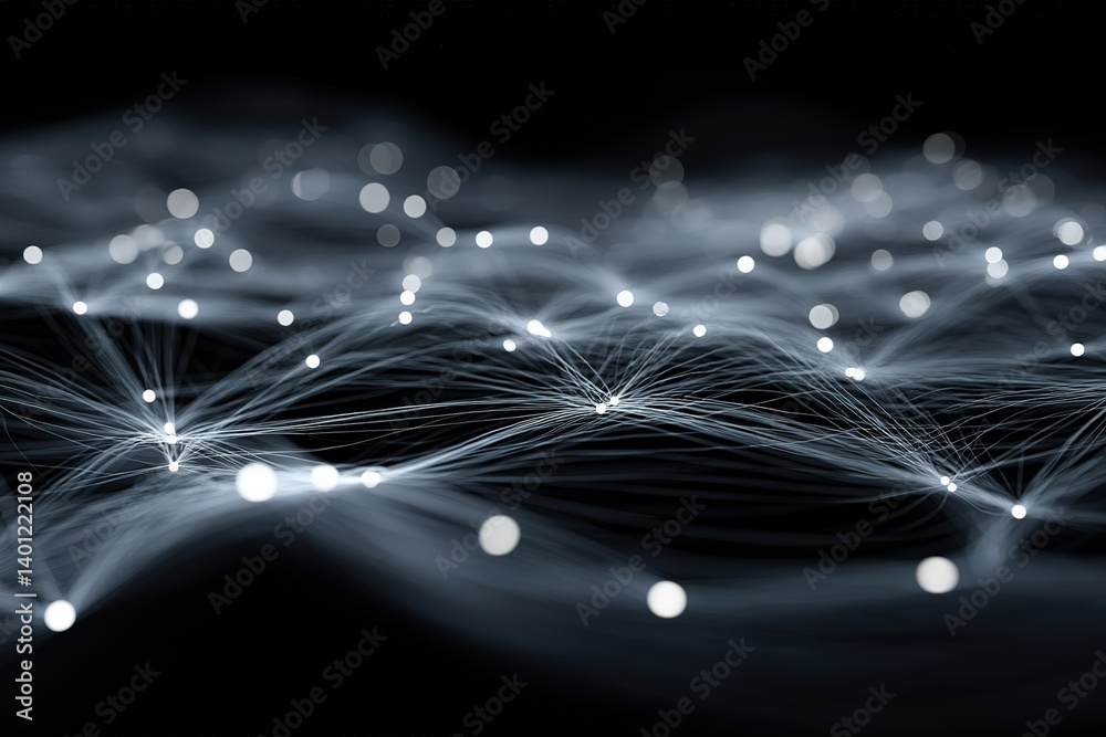 Poster Visual representation of abstract connections in digital space with glowing nodes and flowing lines