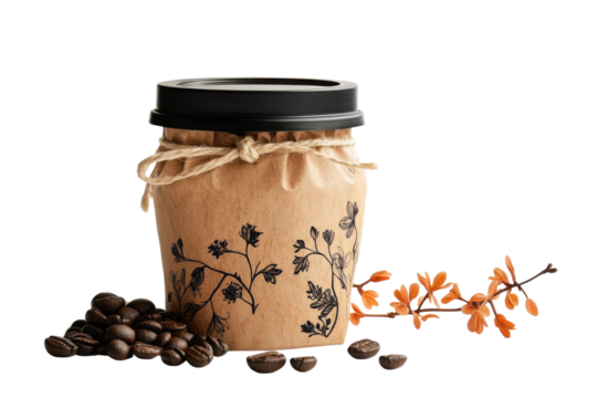 Aromatic Coffee in Eco Friendly Cup Botanical Design Dark Background on transparent background