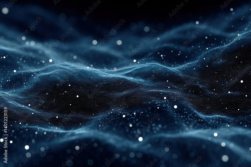 Poster digital wave patterns illuminated by sparkling particles in a dark space atmosphere