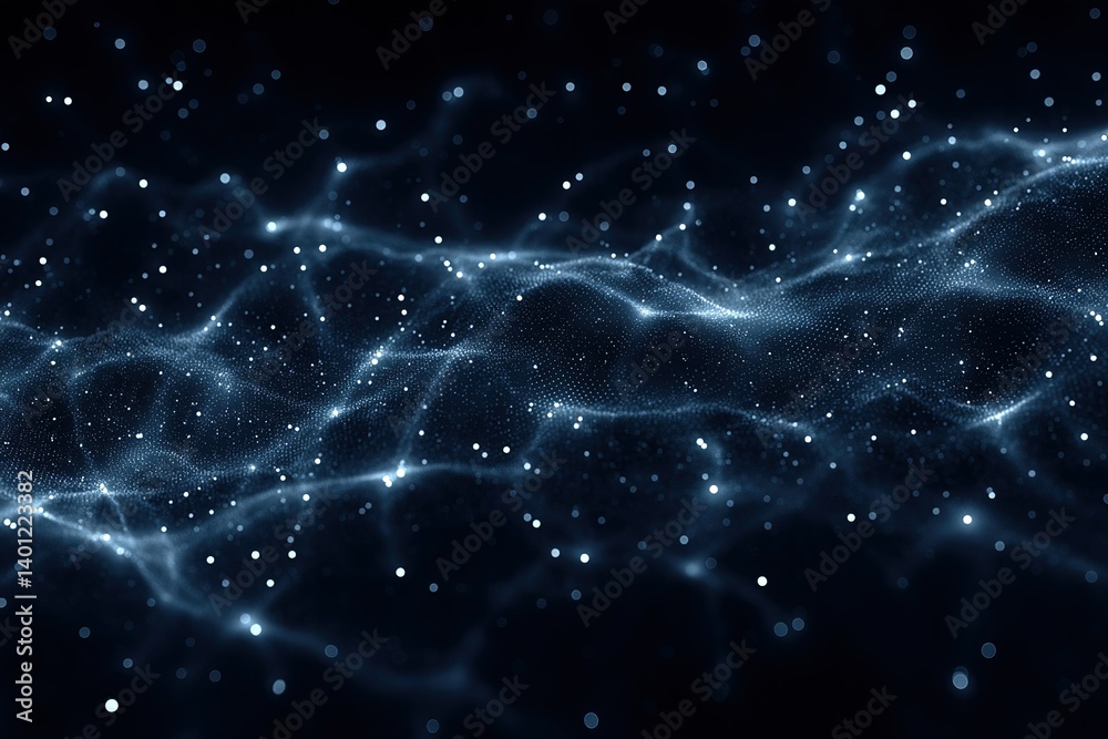 Poster dynamic flow of blue light particles creating a mesmerizing cosmic effect in a dark space