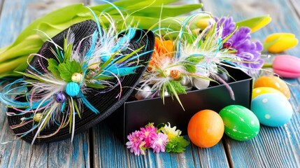 Festive Easter Decor: Colorful Eggs and Flowers with Black Hat
