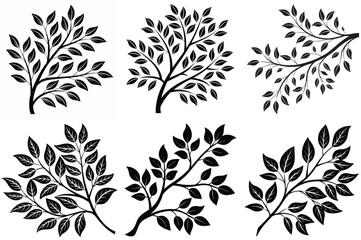 Fototapeta premium Decorative tree branch leaves silhouette vector illustration isolated on white background.