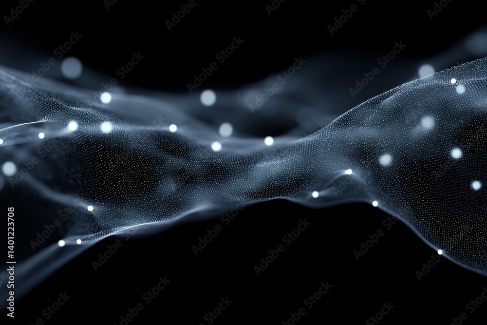 Poster digital light particles flowing through a dark space, creating an ethereal wave-like effect
