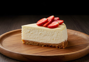 Slice of Cheesecake with Fresh Strawberries on Wooden Plate
