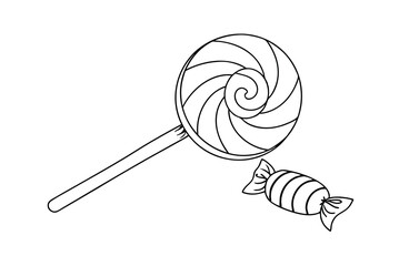 Simple Line Art Illustration Of Lollipop And Wrapped Candy On White Background