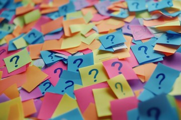 Fototapeta premium Colorful question marks on colorful sticky notes, all over the background A multitude of question mark stickers in various colors scattered around Generative AI