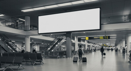 Blank billboard in modern airport terminal