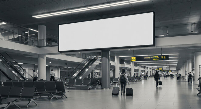 Blank billboard in modern airport terminal