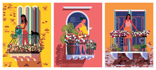 Set of 3 detailed street scenes with girls standing on Italian balconies surrounded by indoor flowers in pots and planters. Hand drawn vector illustration. Can be used for posters, banners, books.