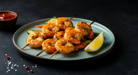 Grilled shrimp skewers with lemon and herbs on a plate